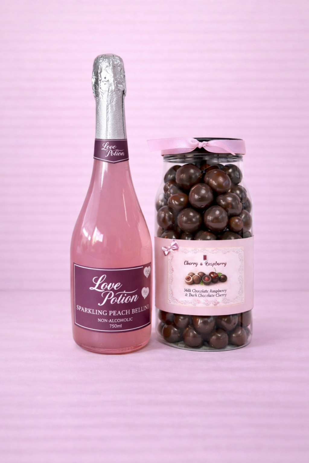 Non-Alcoholic Love Potion Peach Bellini & Raspberry & Cherry Chocolate Selection