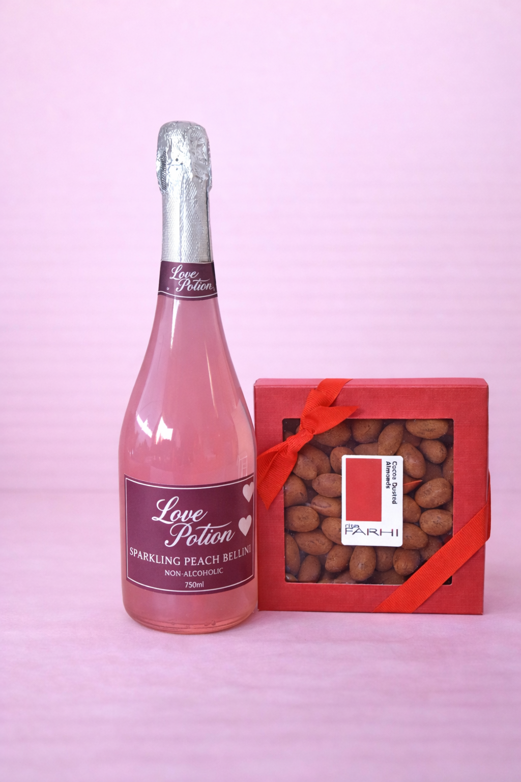 Non-Alcoholic Love Potion Peach Bellini & Cocoa-Dusted Almonds