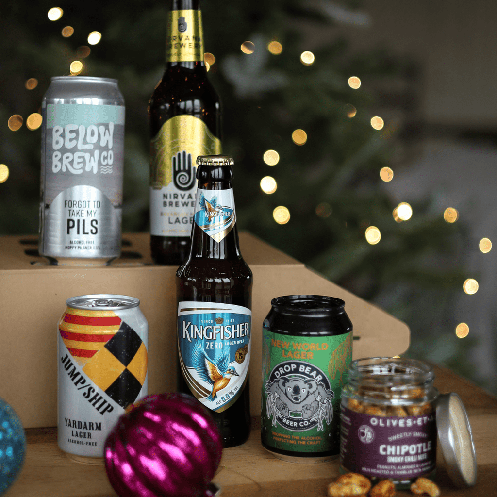 A perfect round' 5 Alcohol Free Lagers & Nuts in a Gift Box Wise Bartender