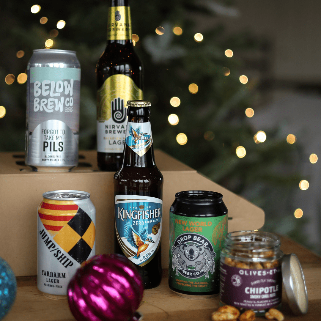 A perfect round' 5 Alcohol Free Lagers & Nuts in a Gift Box Wise Bartender