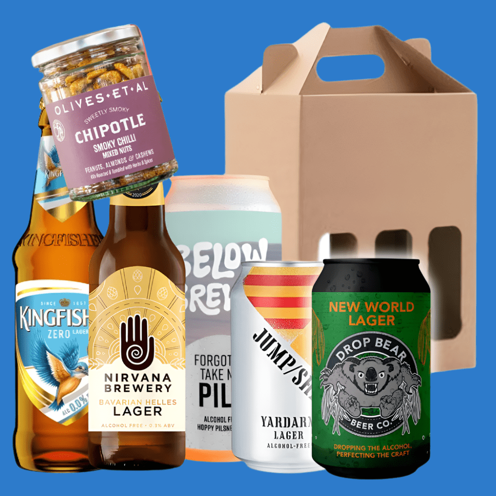 A perfect round' 5 Alcohol Free Lagers & Nuts in a Gift Box Wise Bartender