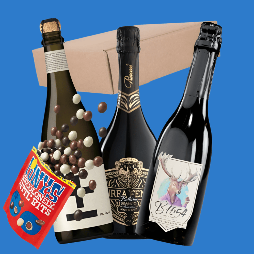 Alcohol Free Sparkling Wine 3 Bottle Pack with Tony’s Chocolate & Gift Box (Save 5%) Wise Bartender