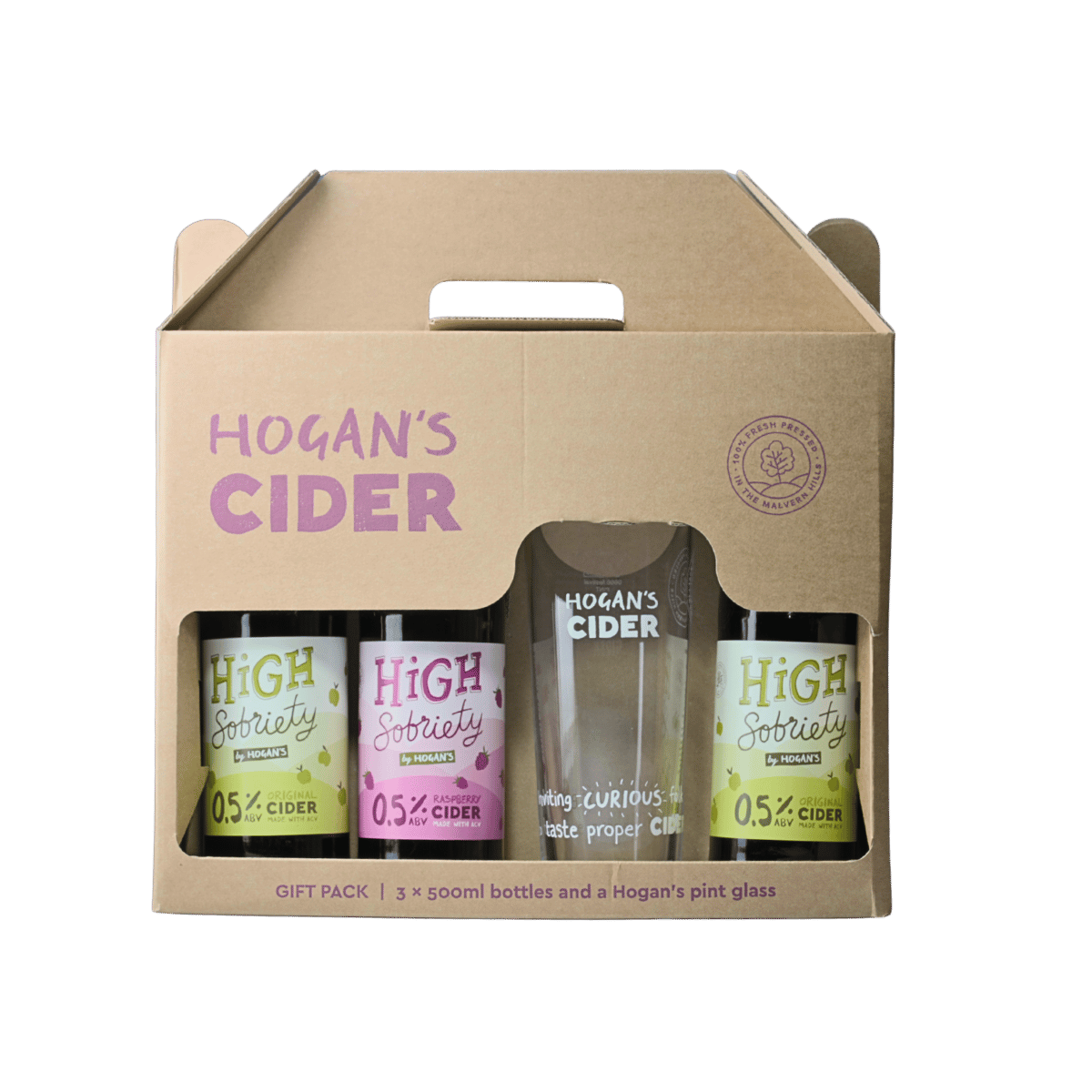 Hogan’s Alcohol Free Cider Gift Box – 2× High Sobriety Original, 1× Raspberry & Branded Glass Dry Drinker